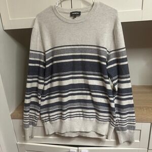 Express Mens 100% Cotton Crewneck Sweater Striped Gray Navy Blue Knit 90s Sz L